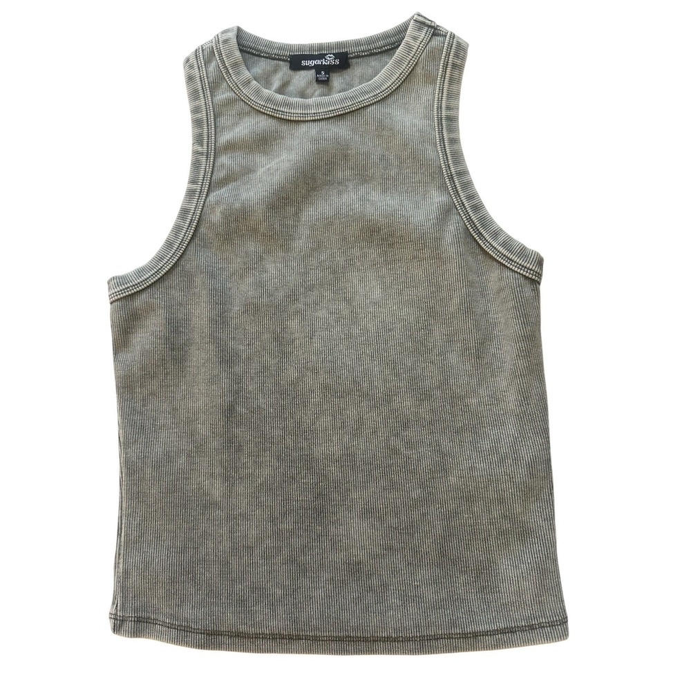Sugar Kiss Tank Top Woman S Gray Acid Wash Sleeveless Ribbed High Neck Junior